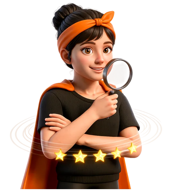 The Zuper Reputation Agent, holding a magnifying glass over five stars.