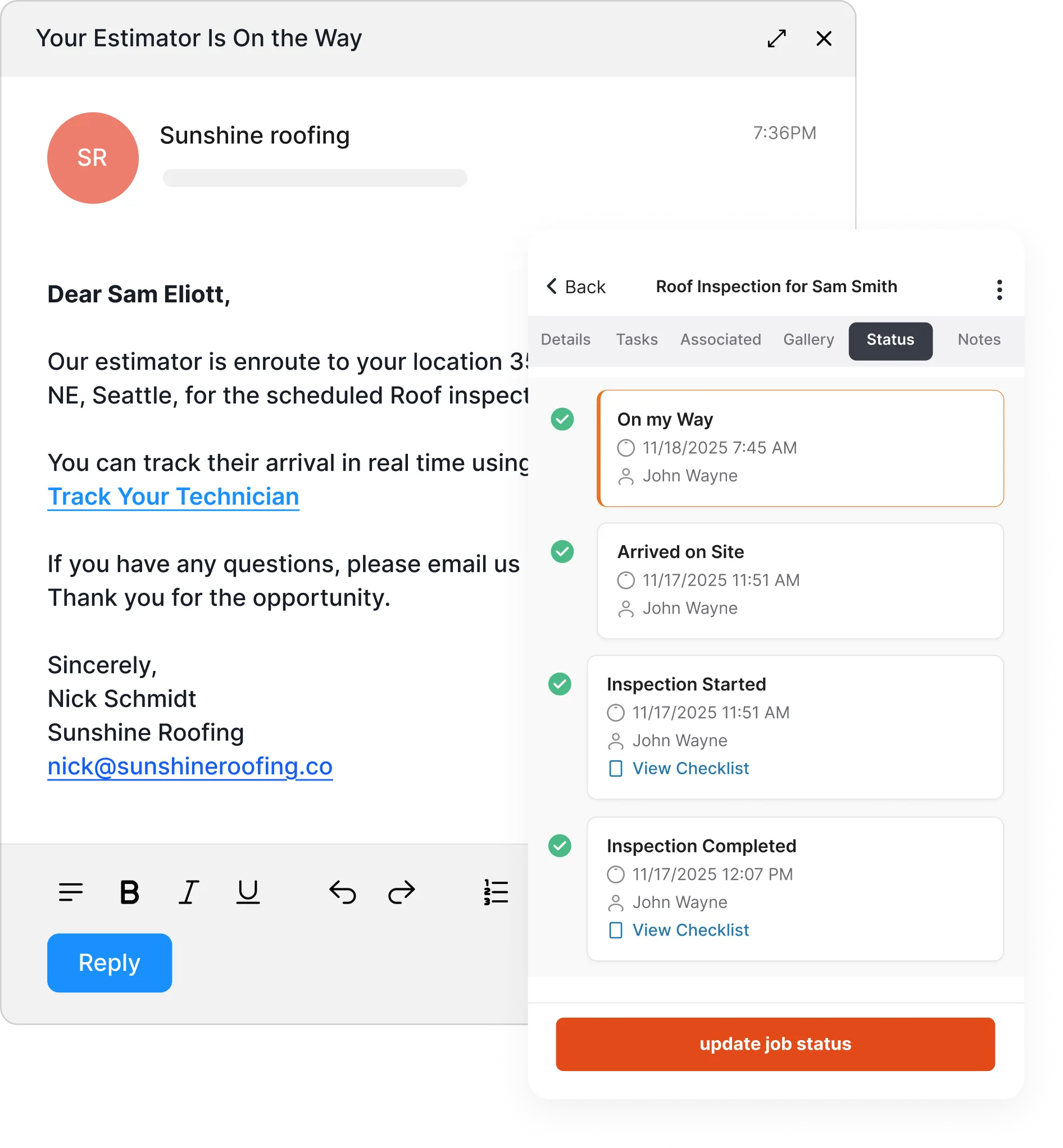 Automated status updates sent to homeowners on Zuper