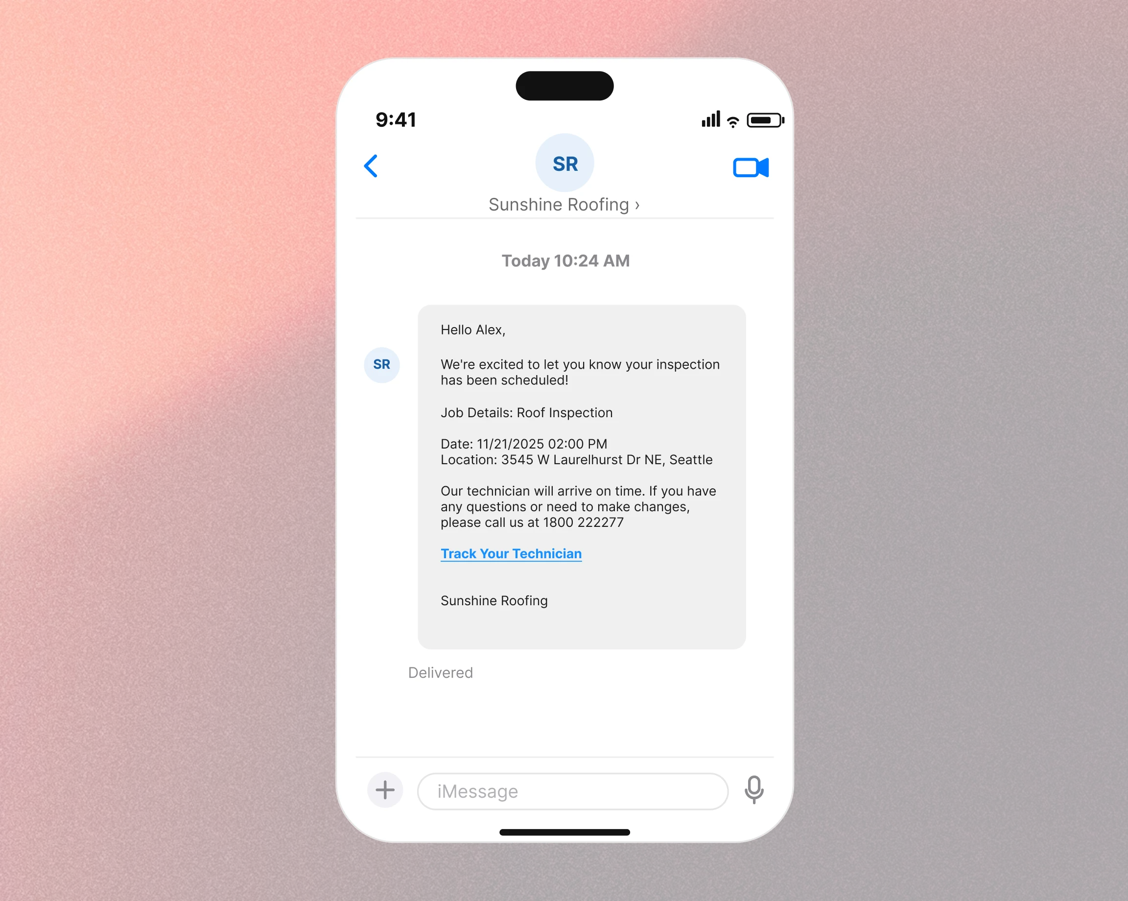 Dispatch notification text sent to homeowner