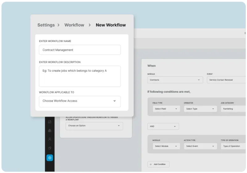 Workflow management dashboard showing multi-stage job progress and team assignments