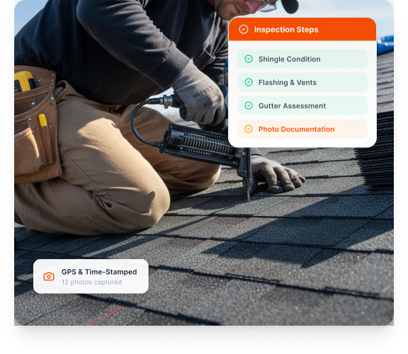 Inspection checklist and report interface showing roof documentation workflow