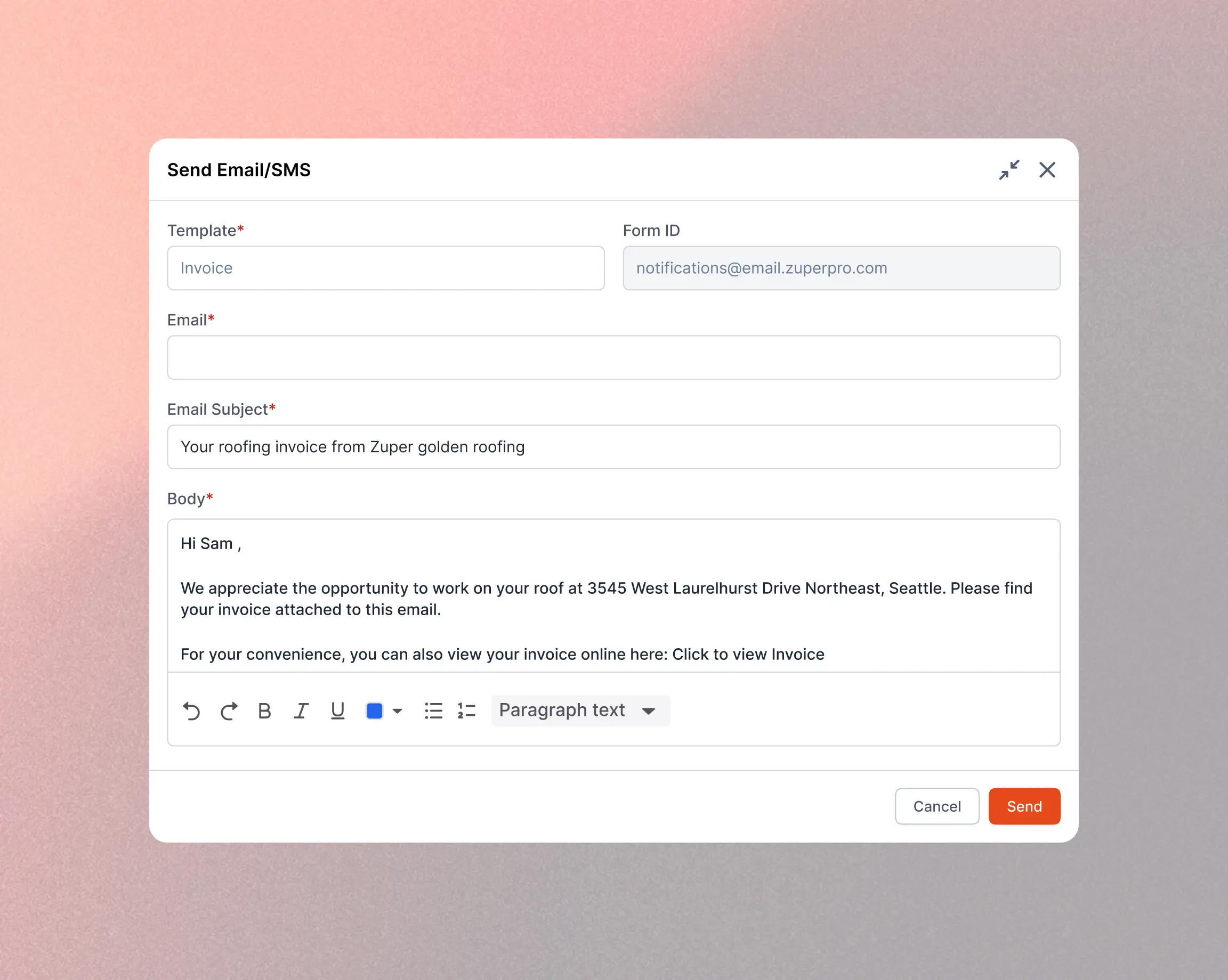 Send email interface with roofing invoice template