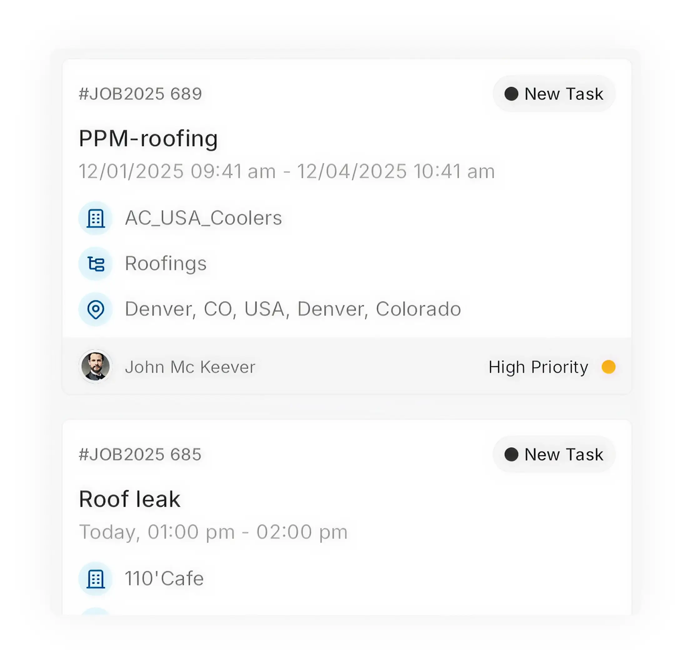 Zuper job cards showing dispatched roofing tasks