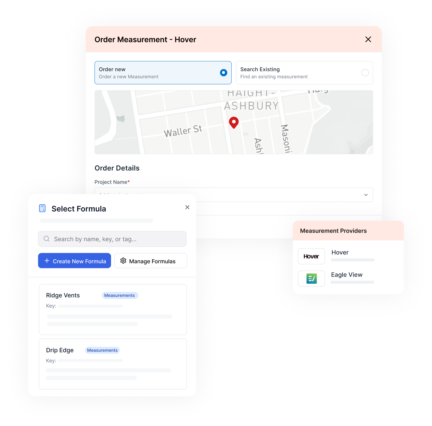 Measurement-driven pricing interface with formula selection and measurement providers