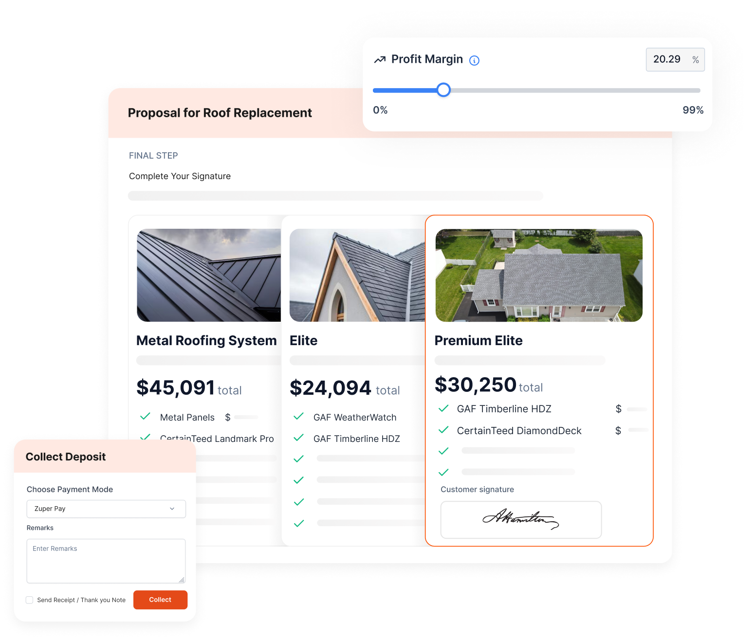 Proposal interface with tiered roofing options, profit margin slider, and payment collection
