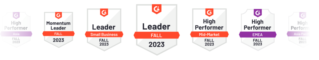 Zuper G2 awards: High Performer, Momentum Leader, Leader Small Business, Leader Fall, High Performer Mid-Market, High Performer EMEA, High Performer Asia Pacific