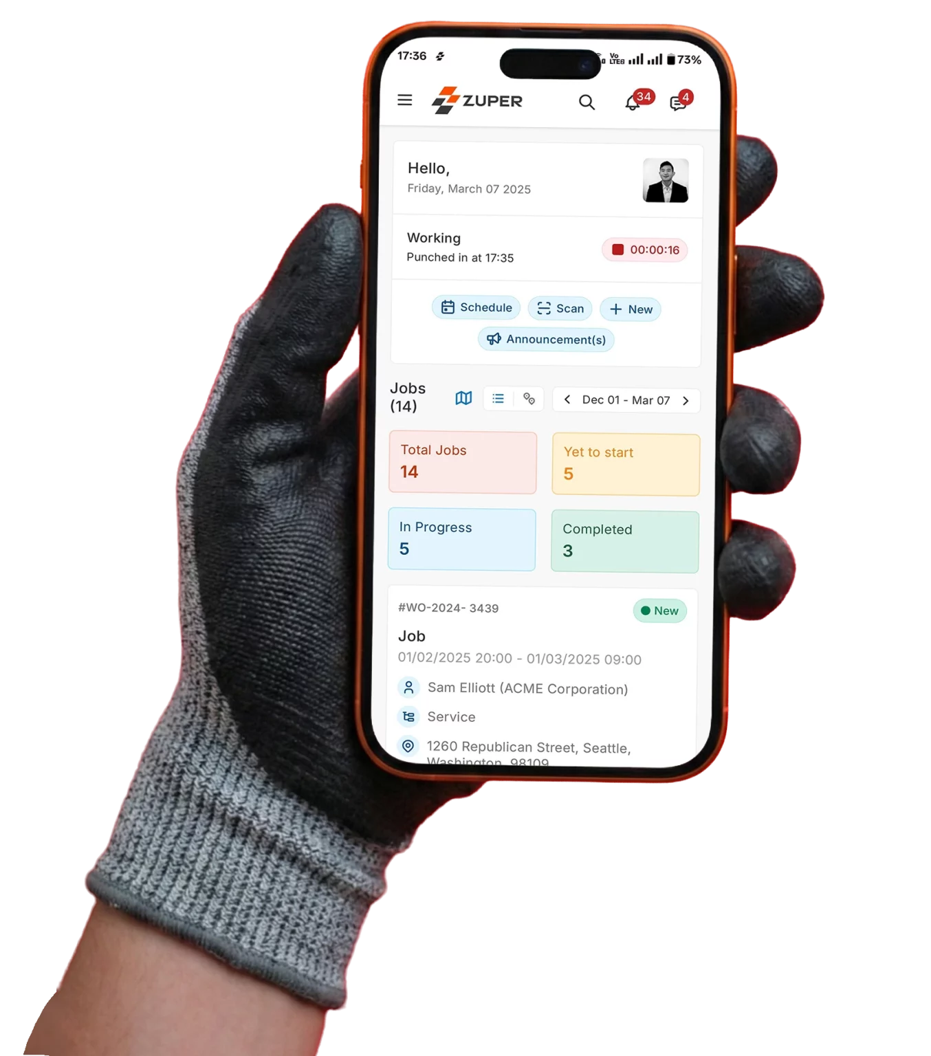 Phone showing Zuper interface