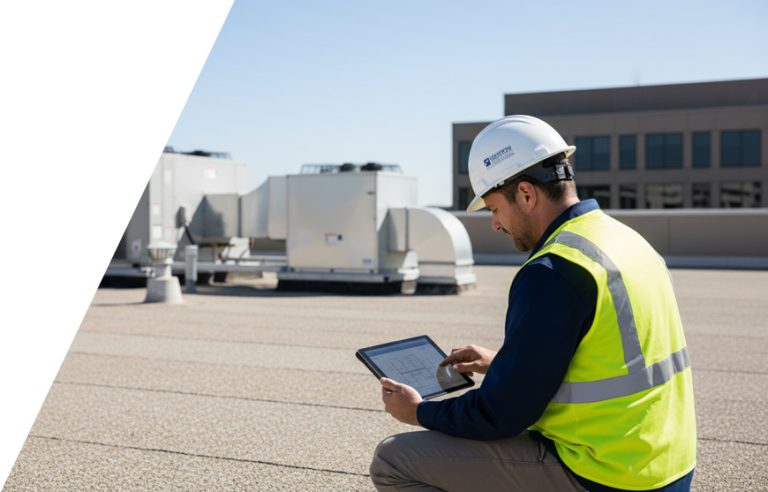 Roofers measuring a roof and generating a quote with roofing proposal software