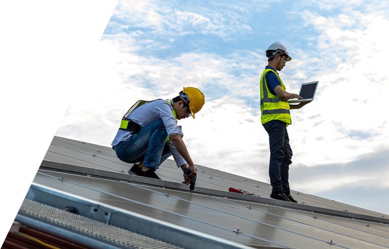 Roofers measuring a roof and generating a quote with roofing proposal software