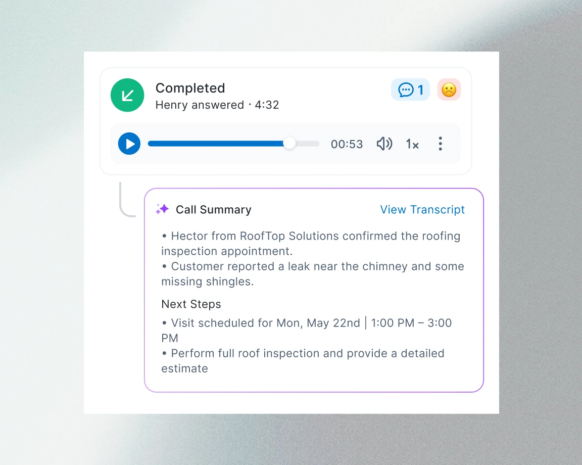 AI call summary with sentiment scoring and next steps