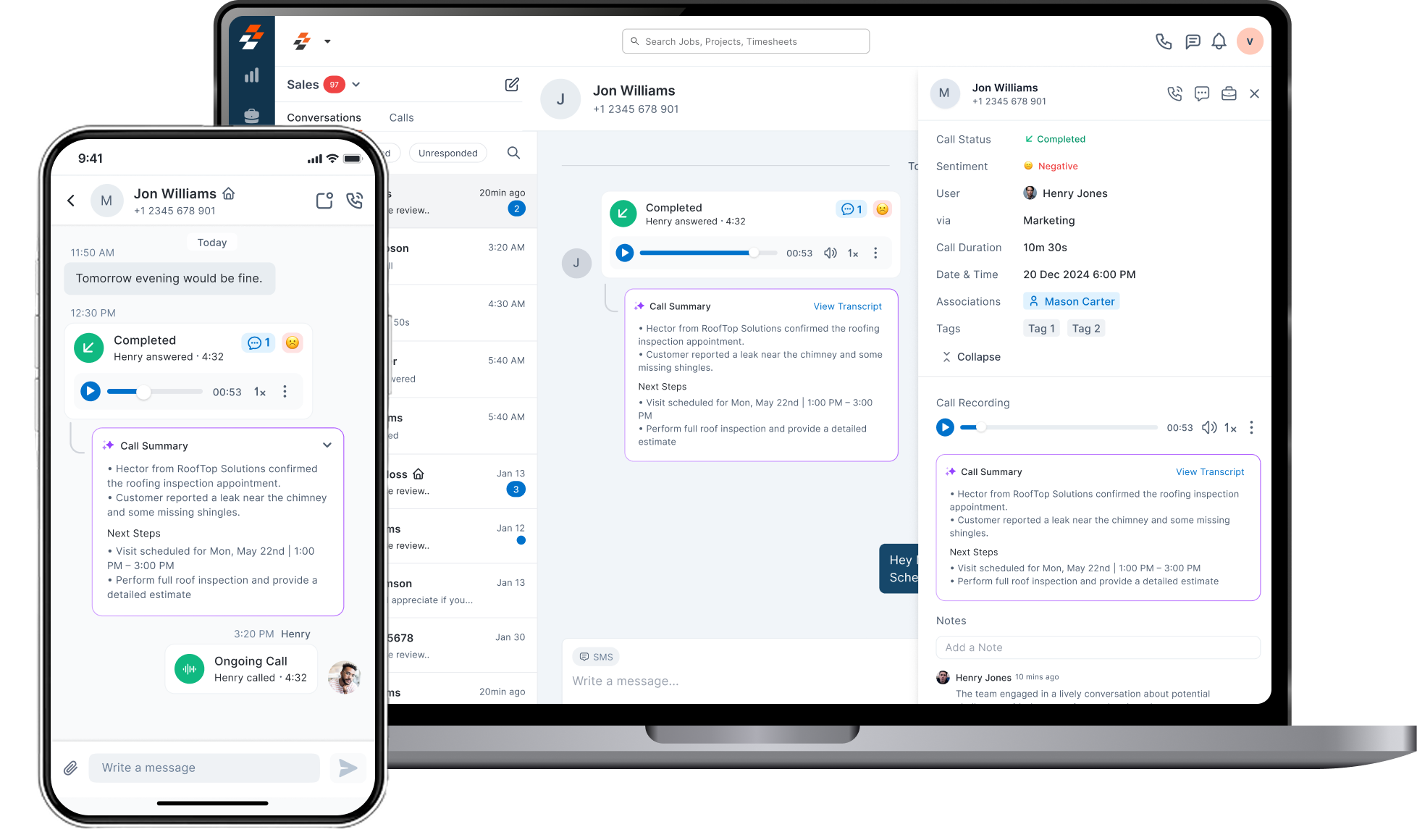 Zuper Connect dialer and customer conversation on desktop and mobile