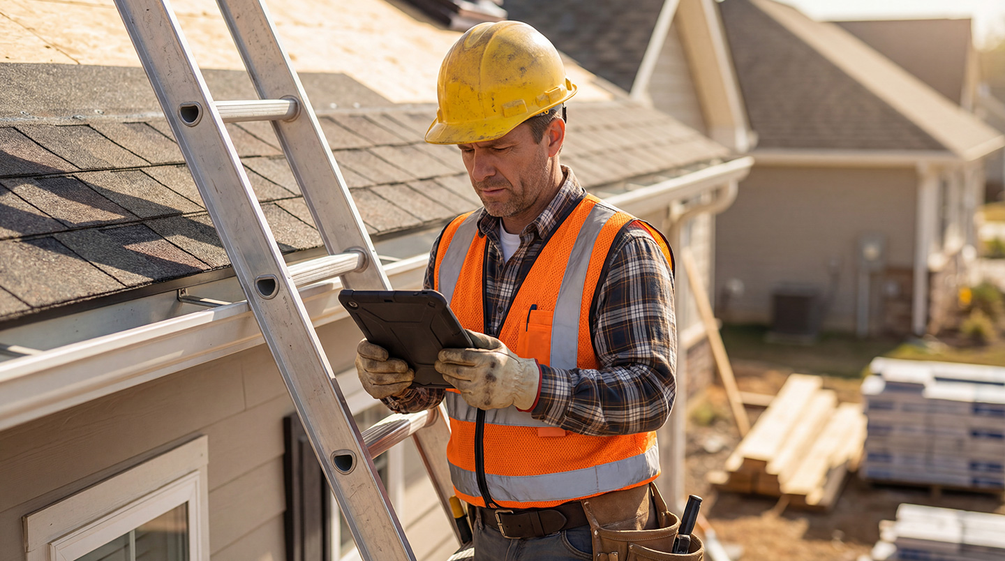 A roofer on a job after comparing the accuracy rates of roofing software