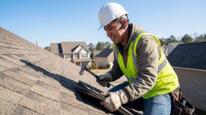 A roofer uses hands-free AI technology on the job, an example of AI’s impact on roofing operations